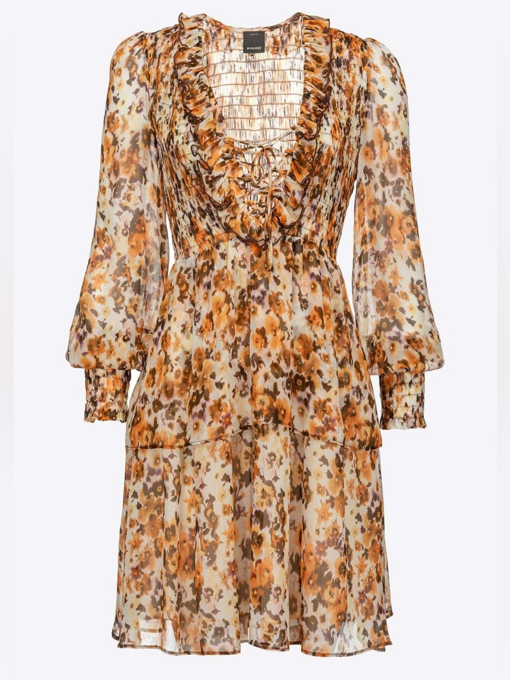 Pinko ruffle ruched top long sleeve dress orange brown multicolor